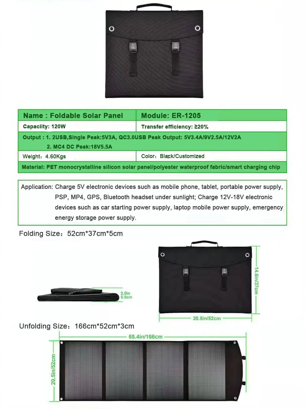 OEM Foldable 120W 100W 60W Solar Oanel Backpack with USB Charger